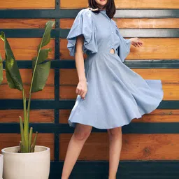 KASSUALLY Blue Flutter Sleeves Cut-Out Pure Cotton Fit & Flare Dress-picture-15