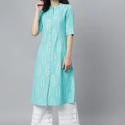 Stylum Turquoise Blue Ethnic Motifs Printed Mandarin Collar A-Line Kurta image 1