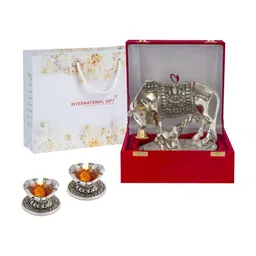 INTERNATIONAL GIFT  3 Pieces Kamdhenu Cow With Calf Statue Figurine With Diya Set-image-3