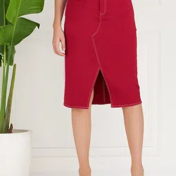 Athena Women Maroon Denim Front Slit Knee-Length A-line Skirt-picture-34