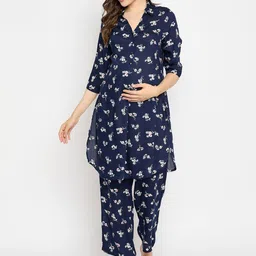 Mine4Nine Floral Printed Shirt Collar Maternity Straight Kurta with Trousers-picture-23