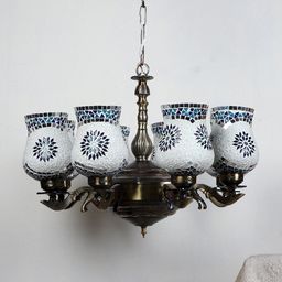 Devansh White & Blue Mosaic Design Glass 8 Shades Chandelier-picture-8