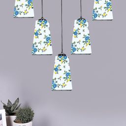 Devansh Blue & Green Cotton Pyramid Quintuple Hanging Lamp-picture-1