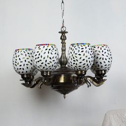 Devansh White & Green Mosaic Design Glass 8 Shades Chandelier-picture-5