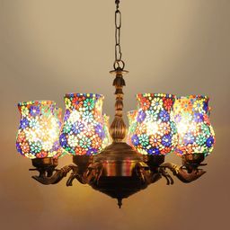 Devansh White & Red Mosaic Design Glass 8 Shades Chandelier-picture-4