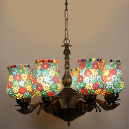 Devansh White & Red Mosaic Design Glass 8 Shades Chandelier-picture-6