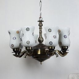 Devansh White & Green Mosaic Design Glass 8 Shades Chandelier-picture-18