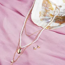 AMI Women Gold-Plated Beaded 3-Layers Necklace and Earrings-image-98