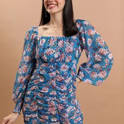 Tokyo Talkies Blue & Brown Floral Print Bodycon Mini Dress-image-89