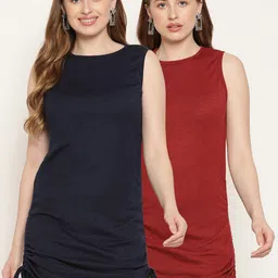 Miaz Lifestyle Navy Blue & Maroon Set of 2 Scuba Sheath Mini Dress-image-26