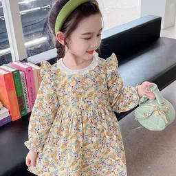 StyleCast Girls Yellow Floral Printed Gathered Cotton Fit & Flare Mini Dress-picture-31
