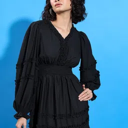 Tokyo Talkies Black V-Neck Puff Sleeve Ruffled Fit & Flare Mini Dress-image-48