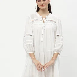 Madame Tie-Up Neck Puff Sleeves Shirt Mini Dress-picture-32