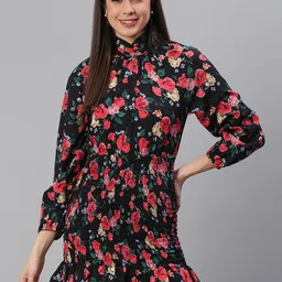 BAESD Floral Print High Neck Long Puff Sleeve Crepe Shirt Style Mini Dress-picture-46