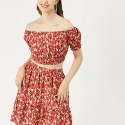 Moomaya Floral Printed Pure Cotton Off Shoulder Top With Skirt-picture-10