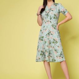 plusS Sea Green Floral Print V-Neck Puff Sleeve Fit & Flare Dress-picture-43