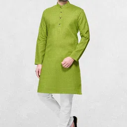 SHIWAM ETHNIX Men Green Geometric Printed Block Print Cotton Kurta-picture-22