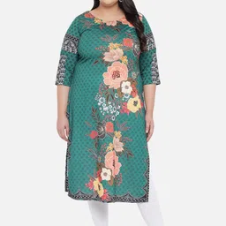Amydus Plus Size Women Green & Peach-Coloured Floral Printed Kurta-picture-36