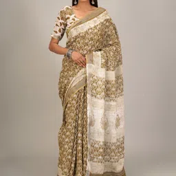 JALTHER Ethnic Motifs Block Printed Zari Cotton Linen Saree-picture-28