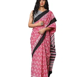 KIAARON Ethnic Motifs Mulmul Cotton Block Print Saree-picture-10