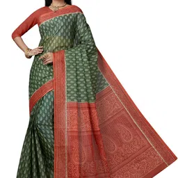 SHANVIKA Green & Red Ethnic Motifs Pure Cotton Block Print Saree-picture-13