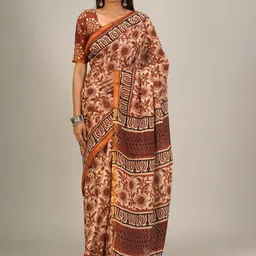 TROPWEAR Ethnic Motifs Zari Pure Cotton Block Print Saree image 1