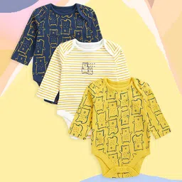 mothercare Infant Boy Yellow & Navy Blue Pack of 3 Pure Cotton Printed Bodysuits-image-55