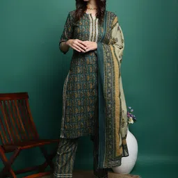Sangria Ethnic Motifs Printed Pure Cotton Kurta With Trousers & Duppatta-image-47