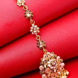 ANIKAS CREATION Gold-Plated Pink & White Kundan & Pearl Hand-Painted Ganthan Enamelled Maang Tikka-picture-16