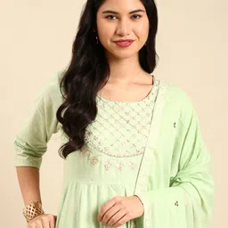 SHOWOFF  Green Ethnic Motifs Embroidered Thread Work Indie Prints Anarkali Cotton Kurta-picture-26