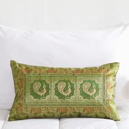 HANDICRAFT PALACE Green & Red Ethnic Motifs Brocade Silk Rectangle Cushion Cover-image-90