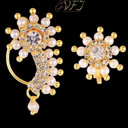 Vighnaharta Set of 2 Gold-Plated CZ-Studded & Pearl-Beaded Clip-On Nosepin-picture-31