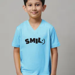 Friskers Boys Turquoise Blue Typography Printed V-Neck Applique T-shirt-picture-10