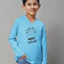 Friskers Boys Turquoise Blue Typography Printed V-Neck Applique T-shirt image 1