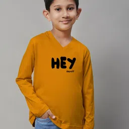 Friskers Boys Mustard Yellow Typography Printed V-Neck Applique T-shirt-picture-52