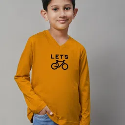 Friskers Boys Mustard Yellow Typography Printed V-Neck Applique T-shirt-picture-24