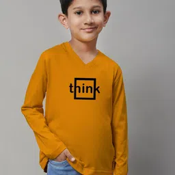 Friskers Boys Mustard Yellow Typography Printed V-Neck Applique T-shirt-picture-34