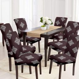 Cortina Brown & Off White 6 Pcs Ethnic Motif Printed Super Stretchable Chair Covers-picture-14