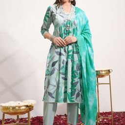 Vishudh Green & Grey Floral Printed Thread Work Pure Cotton Kurta with Trousers & Dupatta-picture-5