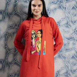 Athena Rust Graphic Printed Hooded Long Sleeves T-shirt Dress-picture-38