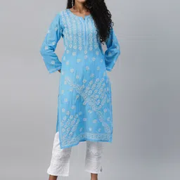 ADA Women Blue & White Ethnic Motifs Hand Embroidered Chikankari Handloom Kurta-picture-38