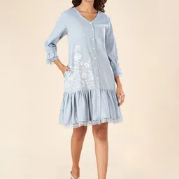 AKKRITI BY PANTALOONS Floral Embroidered V-Neck Cotton Drop-Waist Dress-image-14