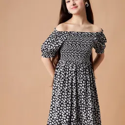 Cherry & Jerry Girls Floral Printed Off-Shoulder Puff Sleeves Fit & Flare Dress-picture-39
