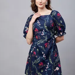 Marie Claire Navy Blue Floral Printed Flared Sleeve Georgette Fit & Flare Dress-picture-10