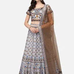 SAPTRANGI Grey & Blue Embroidered Semi-Stitched Lehenga & Unstitched Blouse With Dupatta-picture-14