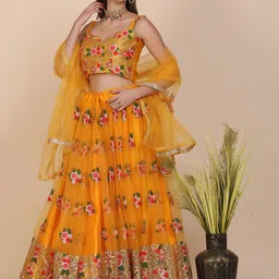 KALINI Embroidered Thread Work Semi-Stitched Lehenga & Unstitched Blouse With Dupatta-picture-19