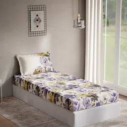 DDecor Purple & Cream Floral Printed Cotton 140 TC Single Bedsheet with 1 Pillow Cover-image-83