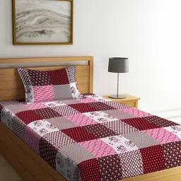 Arrabi Maroon & Pink Geometric 300 TC Single Bedsheet with 1 Pillow Covers-picture-38