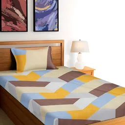 Arrabi Yellow & Blue Geometric 300 TC Single Bedsheet With 1 Pillow Cover-image-51