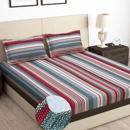 Story@home Arena Grey & Red Striped 180 TC Fitted King Bedsheet With 2 Pillow Covers-picture-32